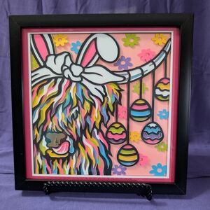 Multicolor Highland Cow Easter Wall Art - Pink Background